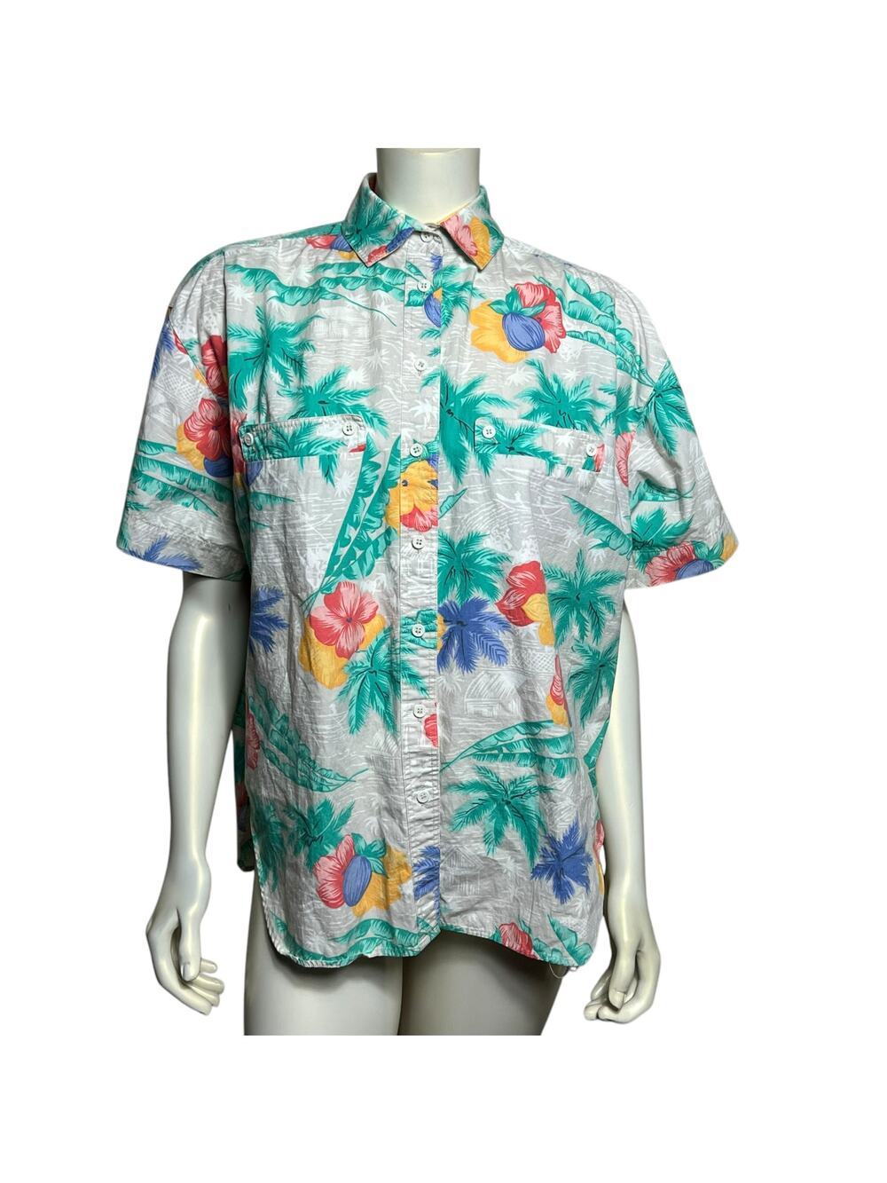 Liz Sport Floral Tropical Button-Up Shirt, Size L, 100% Cotton